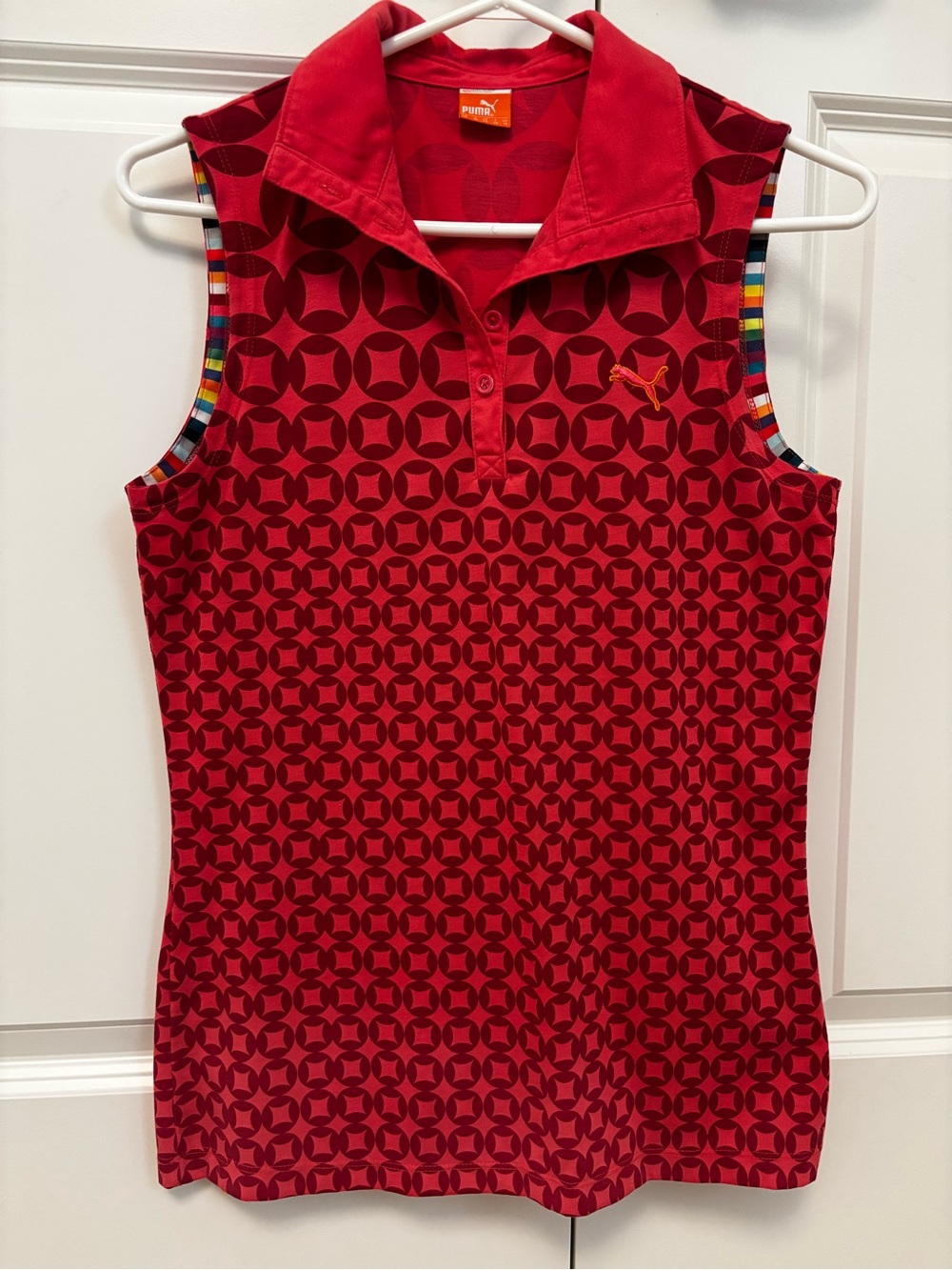 Puma Pink/Red Geometric Sleeveless Polo with Stripe Trim